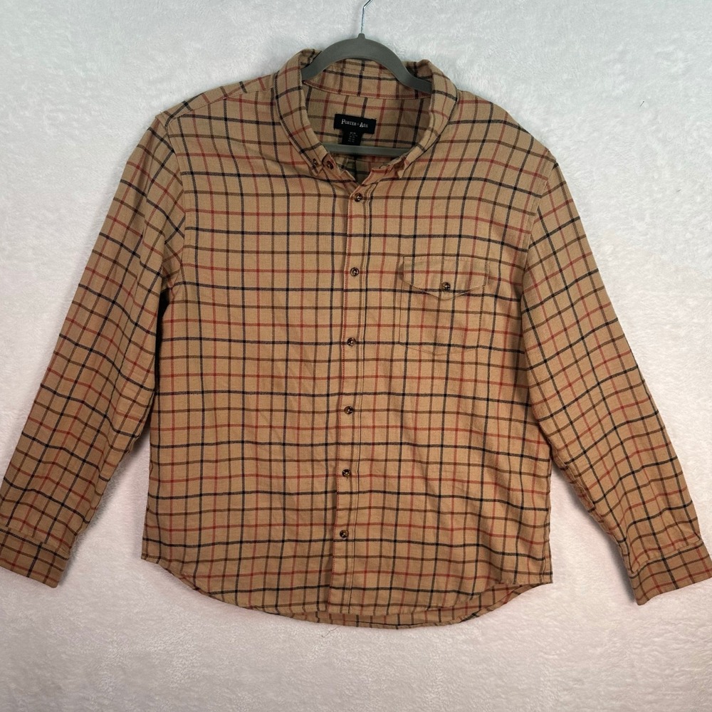Porter + Ash Button Down Shirt Mens XL Tan Plaid Flannel Long Sleeve‎ Pocket